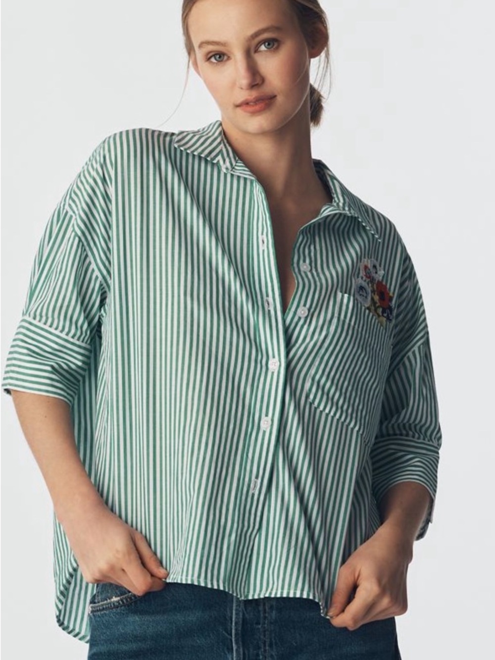 NWT Anthropologie Maeve Mabel Boxy Oxford Green Stripe Embroidered Button SZ XS - Picture 3 of 12